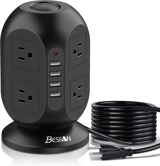 10-Foot Surge Protector Tower - Power Strip with 8 AC Outlets & 4 USB Ports, Ideal for Home Office & Dorm Essentials