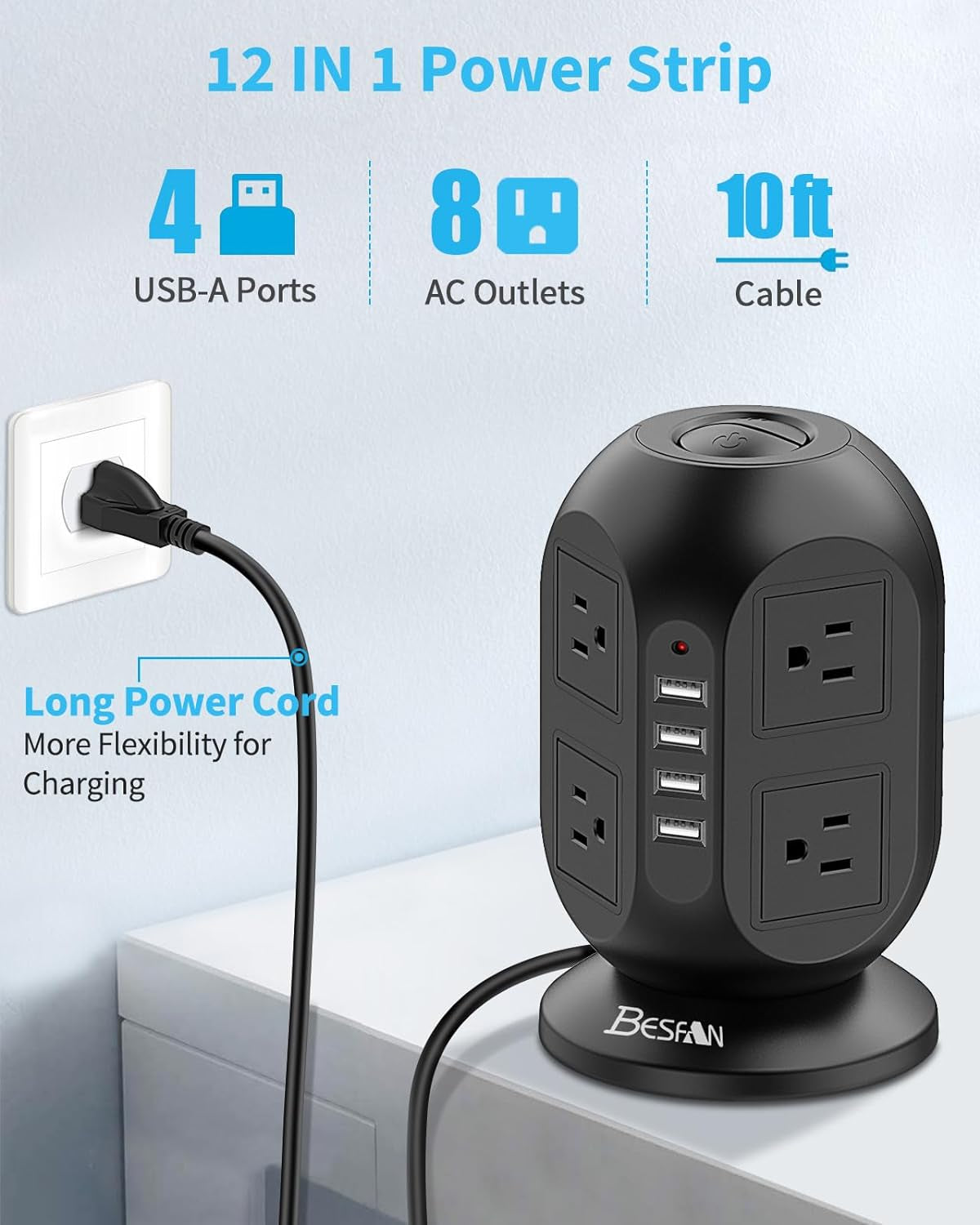 10-Foot Surge Protector Tower - Power Strip with 8 AC Outlets & 4 USB Ports, Ideal for Home Office & Dorm Essentials