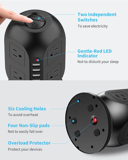 10-Foot Surge Protector Tower - Power Strip with 8 AC Outlets & 4 USB Ports, Ideal for Home Office & Dorm Essentials