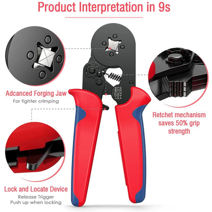 Self-Adjusting Ferrule Crimping Kit - Ratchet Wire Crimper with 0.25-10mm² Range, Complete with Tubular Terminal Clamps