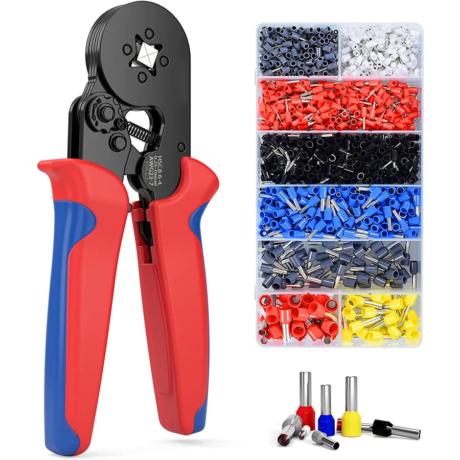 Self-Adjusting Ferrule Crimping Kit - Ratchet Wire Crimper with 0.25-10mm² Range, Complete with Tubular Terminal Clamps