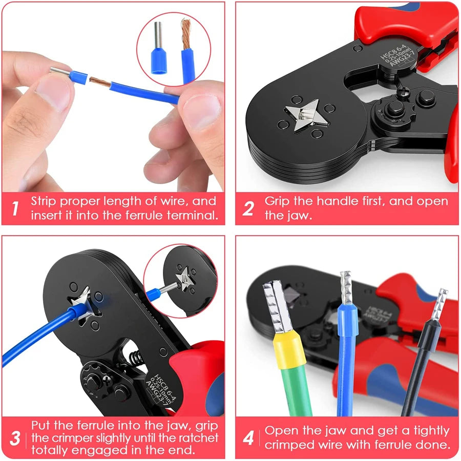 Self-Adjusting Ferrule Crimping Kit - Ratchet Wire Crimper with 0.25-10mm² Range, Complete with Tubular Terminal Clamps