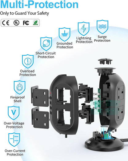 10-Foot Surge Protector Tower - Power Strip with 8 AC Outlets & 4 USB Ports, Ideal for Home Office & Dorm Essentials
