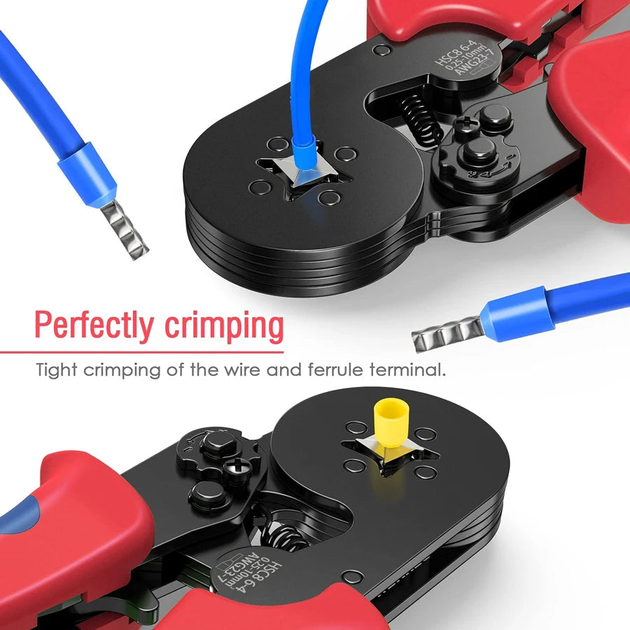 Self-Adjusting Ferrule Crimping Kit - Ratchet Wire Crimper with 0.25-10mm² Range, Complete with Tubular Terminal Clamps