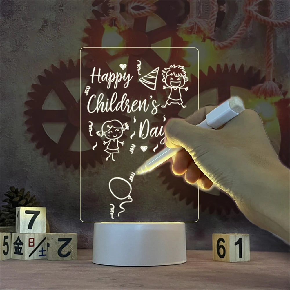 LED Acrylic Night Light with Erasable Message Board and Calendar - USB-Powered Transparent Luminous Desk Ornament