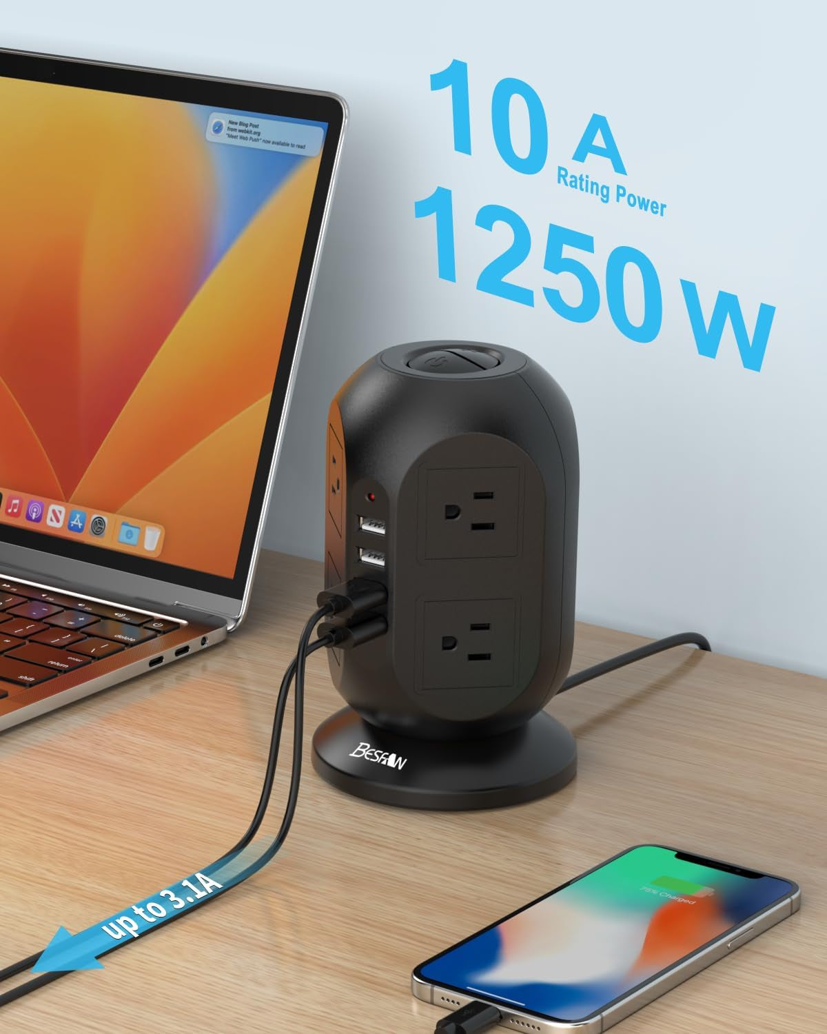 10-Foot Surge Protector Tower - Power Strip with 8 AC Outlets & 4 USB Ports, Ideal for Home Office & Dorm Essentials